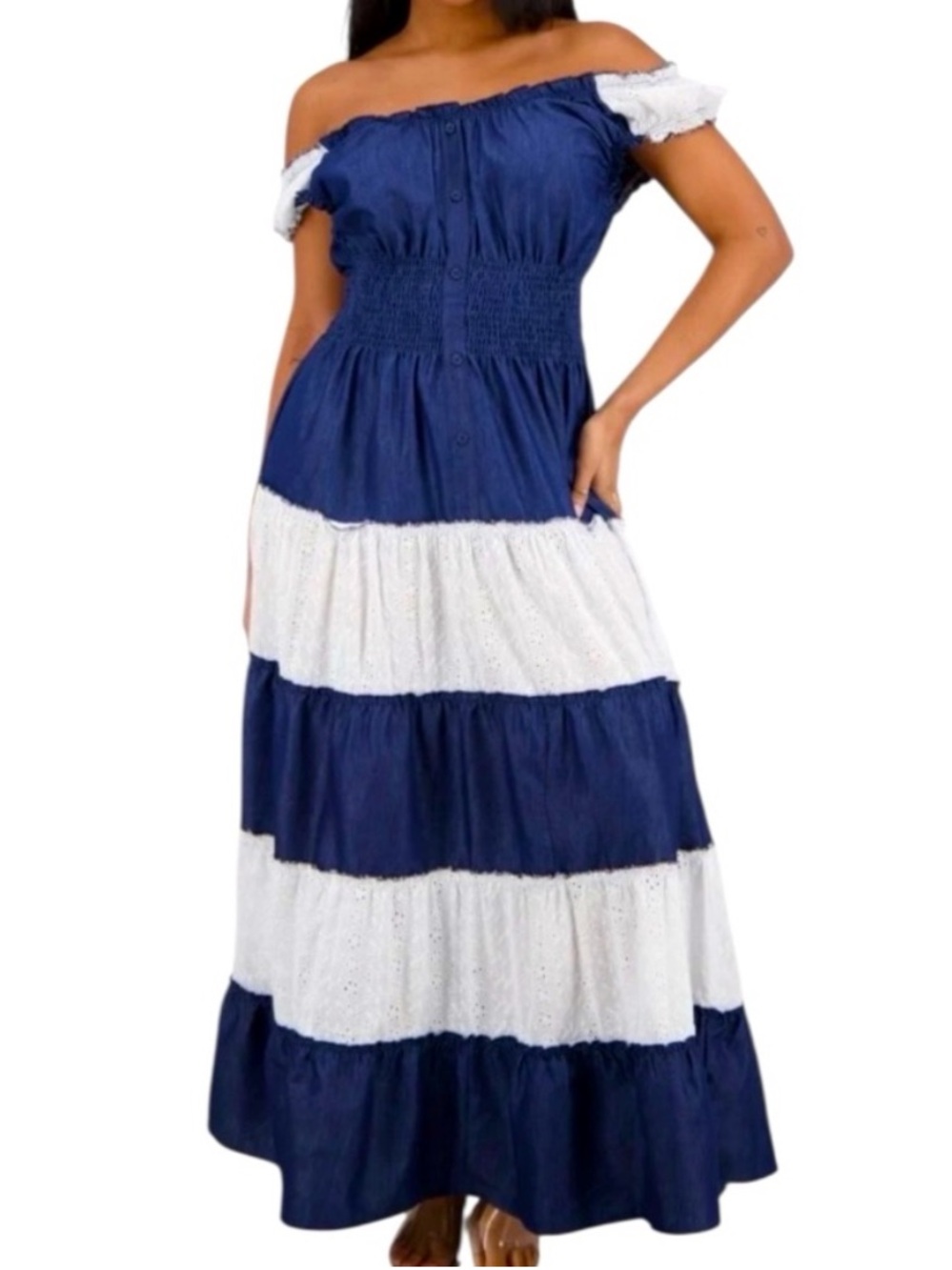 ADVANCE APPARELS BOHO BLUE COASTLINE EYELET & DENIM SOFT MAXI DRESS SZ OS